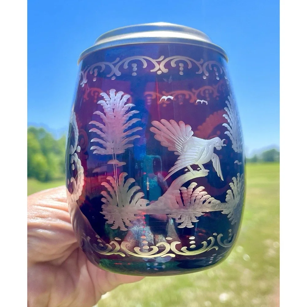 Vintage Bohemian Cut-to-Clear Glass Stein Beer Mug with Pewter Lid Grouse Design